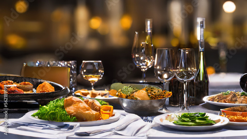 table full of food, dinner, gourmet, traditional, restaurant, Generative AI
