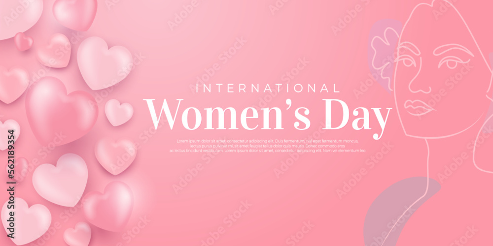 March 8 banner with line art woman silhouette design on a pink background