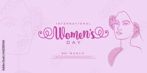 Happy womens day banner with line art woman illustration