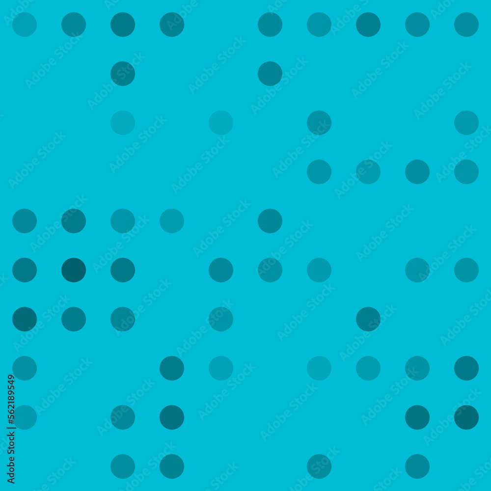 Abstract seamless geometric pattern. Mosaic background of black circles. Evenly spaced big shapes of different color. Vector illustration on cyan background