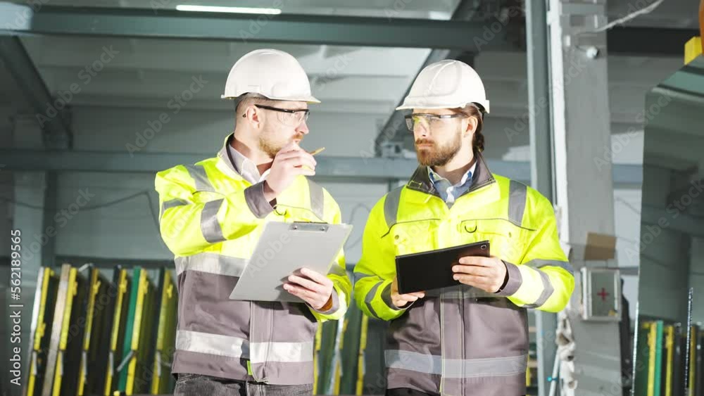 Caucasian men colleagues talking and planning work. Males walking at factory. Work with folder of documents and tablet device at manufactory. Production co-working. Discussion of technicians. Indoor.