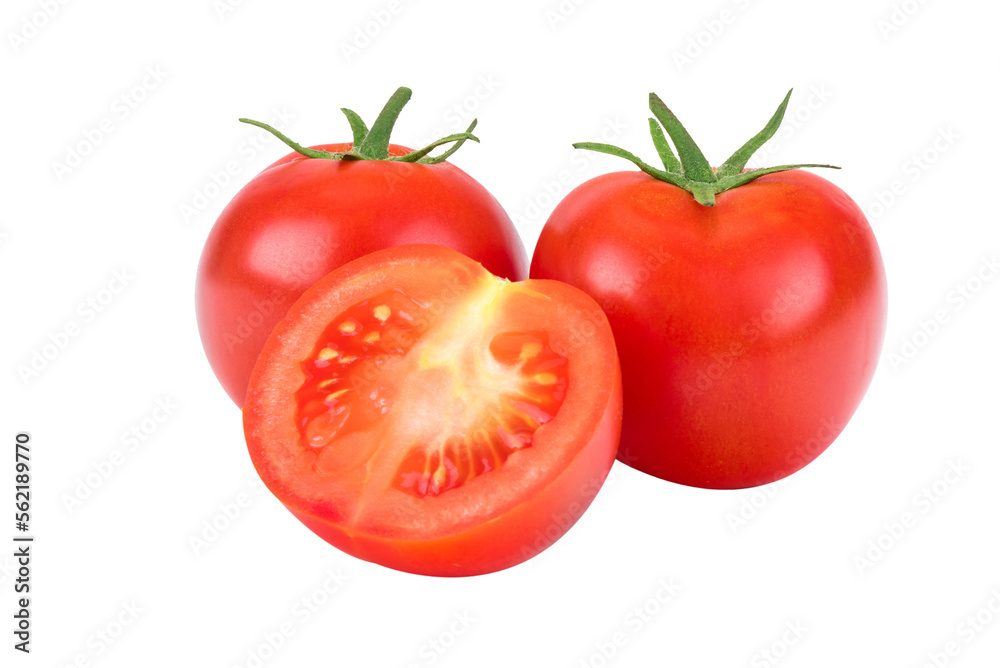 Group of whole and sliced tomatoes isolated on a transparent background in close-up Group of whole and sliced tomatoes isolated on a transparent background in close-up