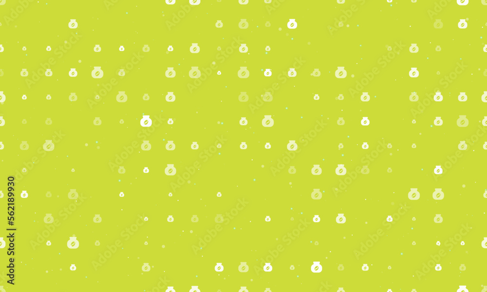 Seamless background pattern of evenly spaced white instant coffee symbols of different sizes and opacity. Vector illustration on lime background with stars