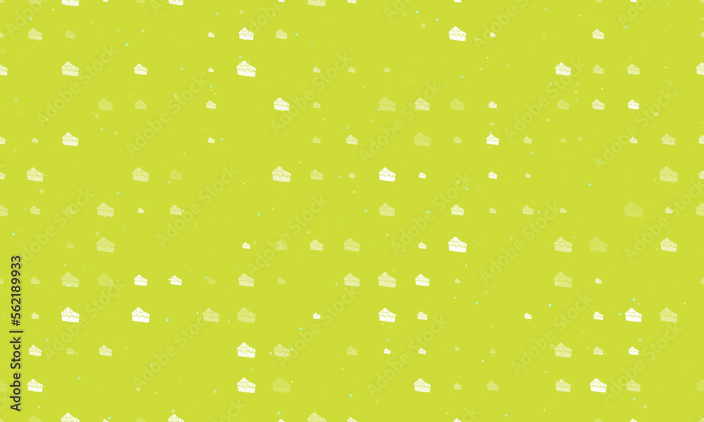 Seamless background pattern of evenly spaced white piece of cake symbols of different sizes and opacity. Vector illustration on lime background with stars Seamless background pattern of evenly spaced white piece of cake symbols of different sizes and opacity. Vector illustration on lime background with stars