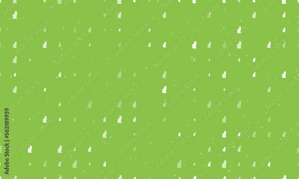 Seamless background pattern of evenly spaced white cat symbols of different sizes and opacity. Vector illustration on light green background with stars