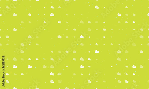 Seamless background pattern of evenly spaced white piece of cake symbols of different sizes and opacity. Vector illustration on lime background with stars
