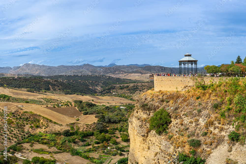 Panoramic view of cliff with Ronda Viewpoint Kiosk in Ronda, Spain on October 23, 2022