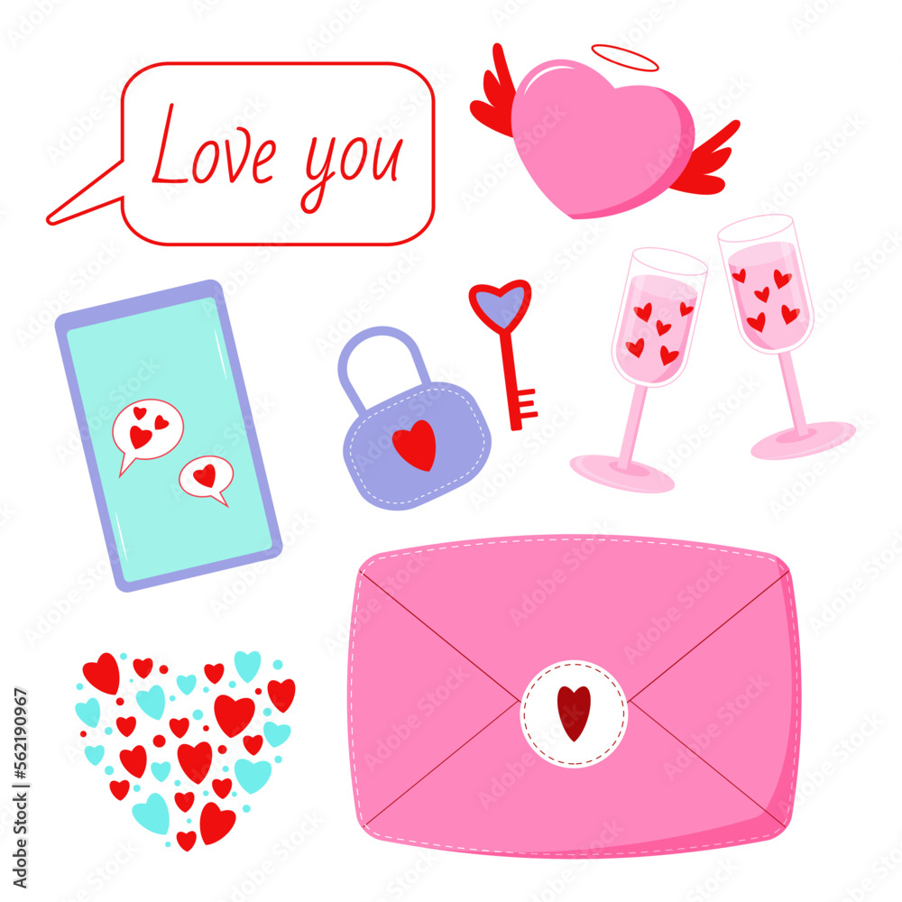 Saint Valentine s day vector set. Envelope, angel heart, lock with key, phone with hearts, glasses with hearts, text Love you Saint Valentine s day vector set. Envelope, angel heart, lock with key, phone with hearts, glasses with hearts, text Love you