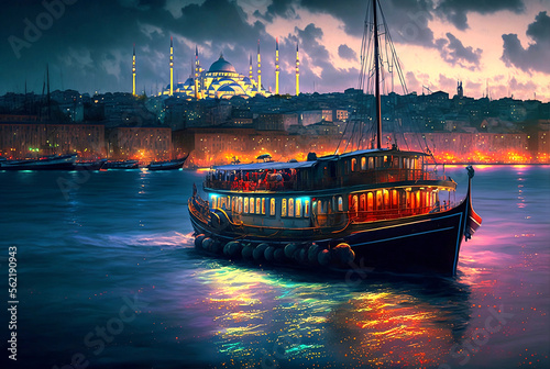 impression of evening ferry in Istanbul in rough brilliant colors. Mosque on horizon, splashes, commuters photo