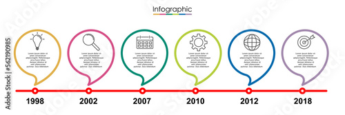 Vector infographic template with six steps or options. Illustration presentation with line elements icons.  Business concept design can be used for web, brochure, diagram, chart or banner layout.