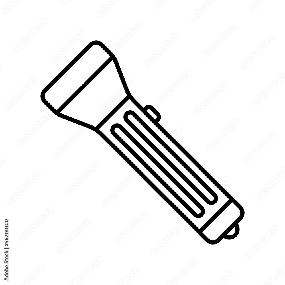 Flashlight icon. Torch. Black contour linear silhouette. Side view. Editable strokes. Vector simple flat graphic illustration. Isolated object on a white background. Isolate. Flashlight icon. Torch. Black contour linear silhouette. Side view. Editable strokes. Vector simple flat graphic illustration. Isolated object on a white background. Isolate.