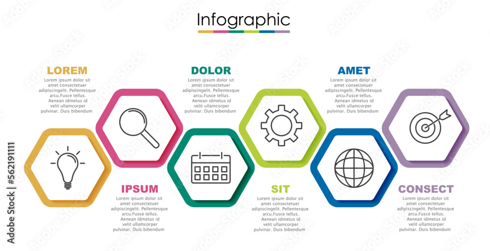 Vector infographic template with six steps or options. Illustration presentation with line elements icons.  Business concept design can be used for web, brochure, diagram, chart or banner layout.