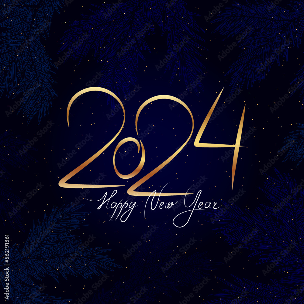 Naklejka premium Calligraphic inscription Happy 2024 New Year. Golden numbers on a dark blue festive background
