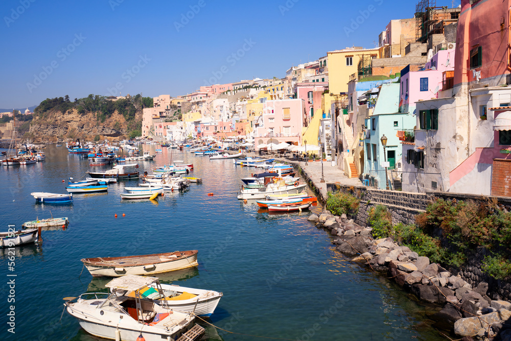 Procida island colorful town with harbor at summer, Italy,