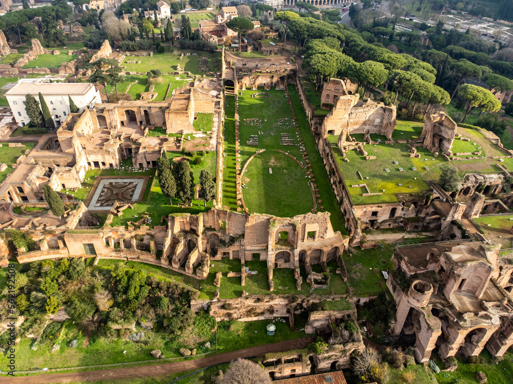 Aerial view over Rome showing the buildings on Palatine Hill, part of the Roman Forum