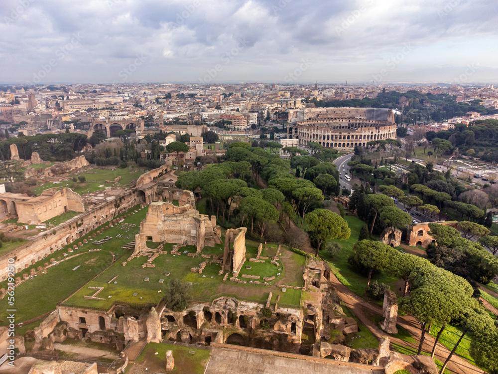 Aerial view over Rome showing the Roman Forum, the Colosseum and the city