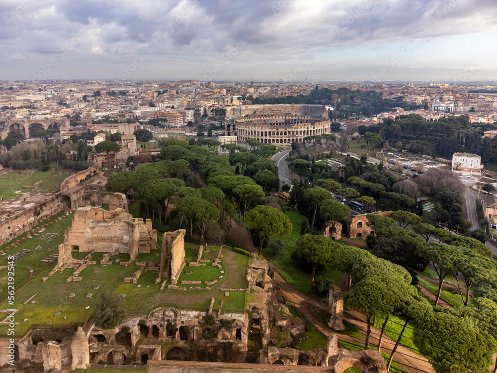 Aerial view over Rome showing the Roman Forum, the Colosseum and the city