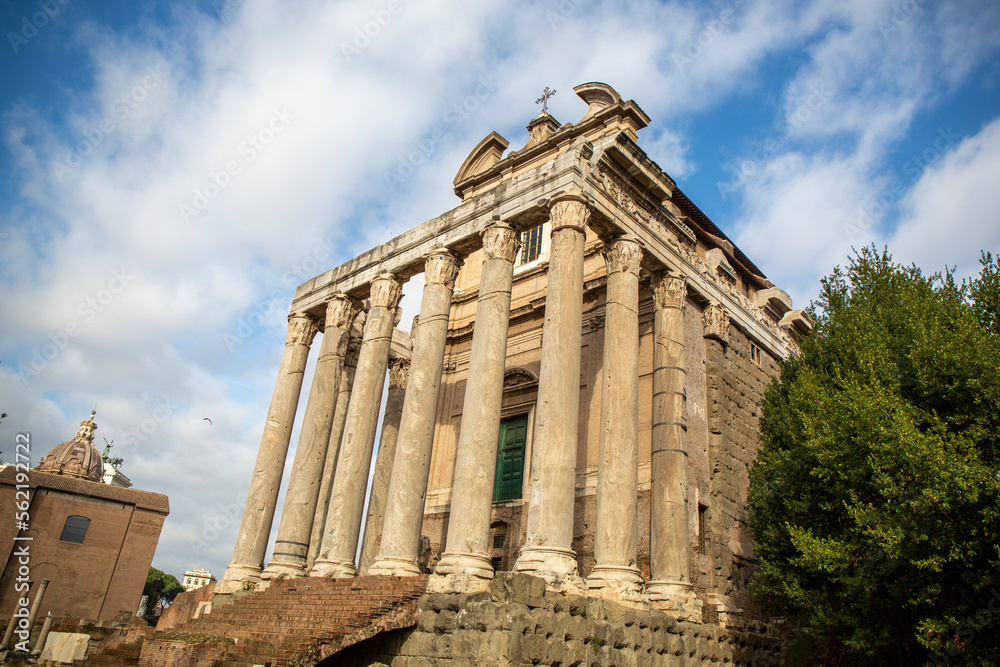 Temple inside the Roman Forum, its columns of the time, in Rome