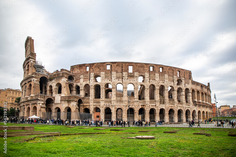 Roman Colosseum from outside in cloudy day, in Rome, in Italy