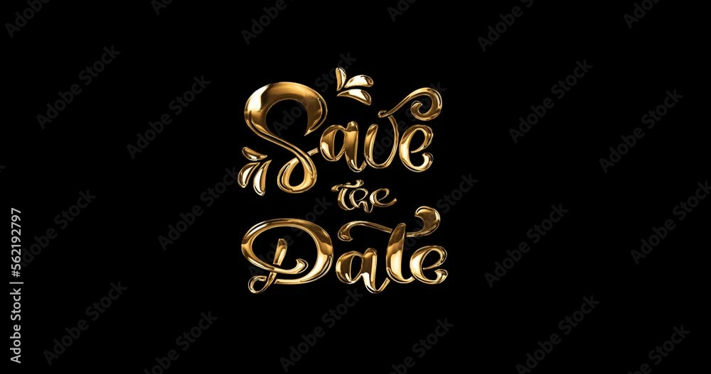 Animated Save the date with ink drops writing in golden color on the black background alpha channel. This Animation is suitable for wedding invitations video.
