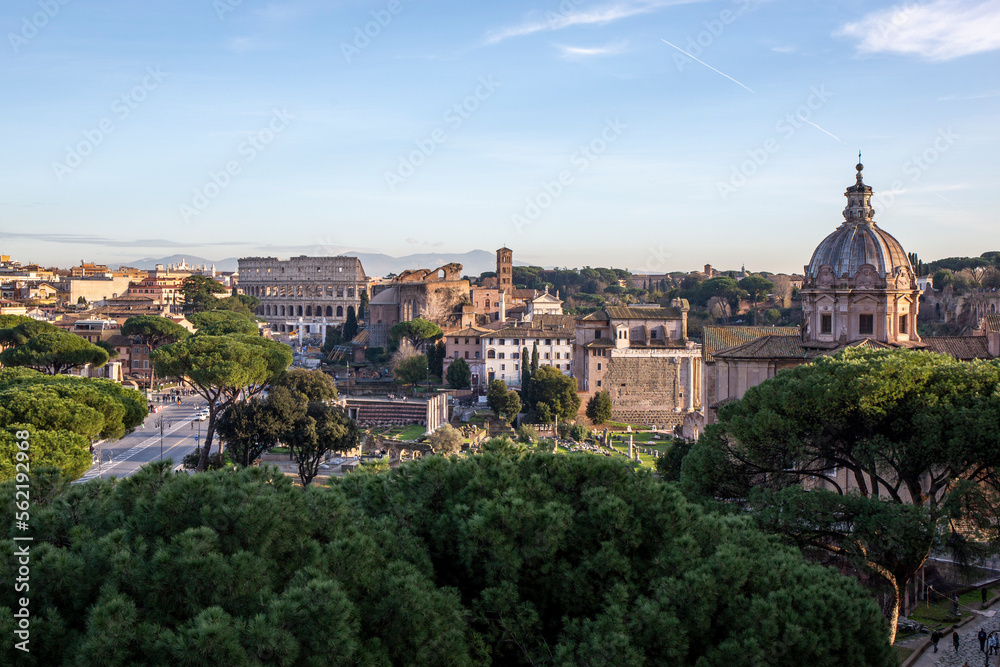 View over Rome from the Forum with the Colosseum in the background
