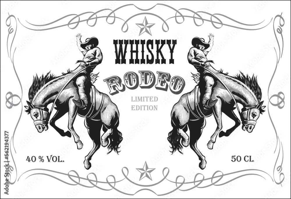 Obraz premium vector image of vintage label with a cowboy riding a wild horse for whiskey in art style 