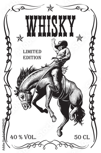 vector image of vintage label with a cowboy riding a wild horse for whiskey in art style	