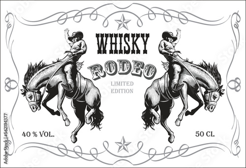 vector image of vintage label with a cowboy riding a wild horse for whiskey in art style	