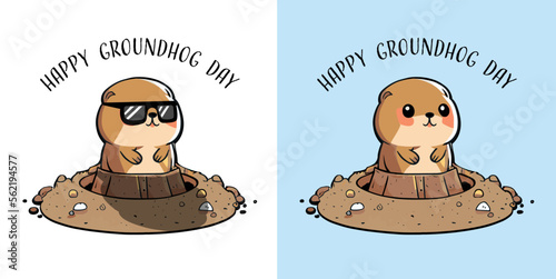 Happy Groundhog Day with Groundhog Vector. Kawaii style..