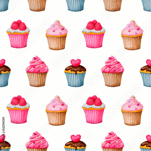 Seamless pattern with cupcakes on a white background. Watercolor design for Valentine s Day  Birthday  Wedding  Anniversary. Ideal for printing on packaging  wrapping  stationery  fabrics  textiles..