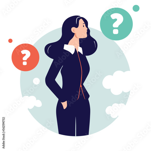 Make choice, decision concept. Puzzled business woman doubting, deciding, setting priorities. Questioned employee thinking, analyzing two options. Flat vector illustration isolated on white background