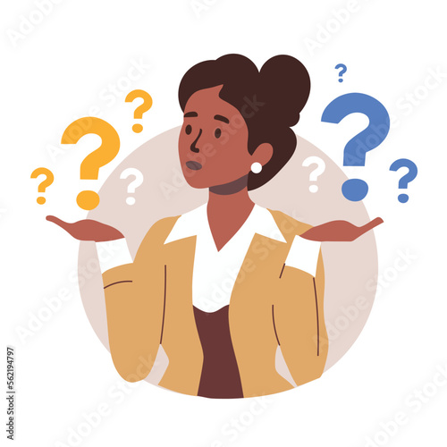Make choice, decision concept. Puzzled business woman doubting, deciding, setting priorities. Questioned employee thinking, analyzing two options. Flat vector illustration isolated on white background