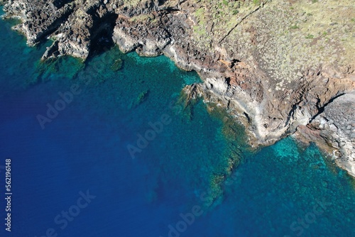 Beautiful clear ocean at the volcanic coast of El Hierro, Canary Islands. Aerial top view.