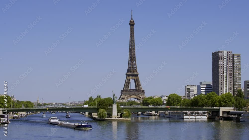 The Eiffel Tower and the Statue of Liberty in Paris, France.