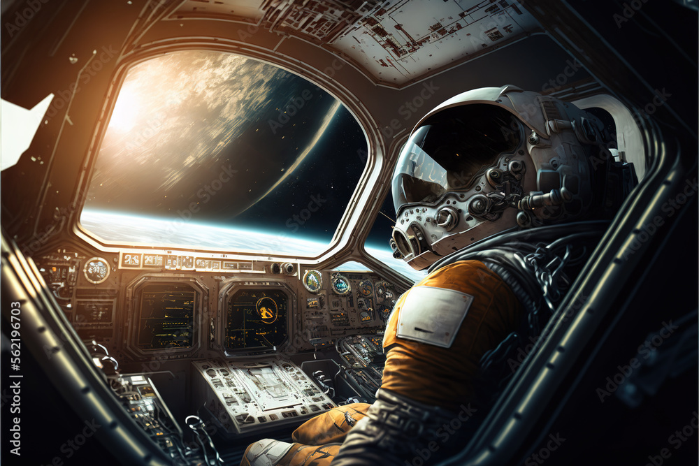 Astronaut in spaceship cockpit, spacecraft control room interior,  generative AI Stock Illustration | Adobe Stock