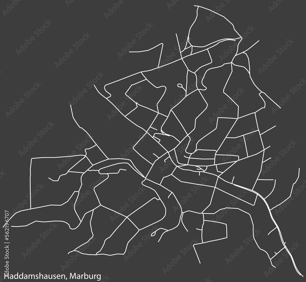 Detailed negative navigation white lines urban street roads map of the HADDAMSHAUSEN DISTRICT of the German town of MARBURG, Germany on dark gray background