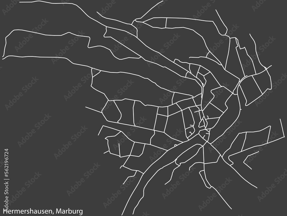 Detailed negative navigation white lines urban street roads map of the HERMERSHAUSEN DISTRICT of the German town of MARBURG, Germany on dark gray background