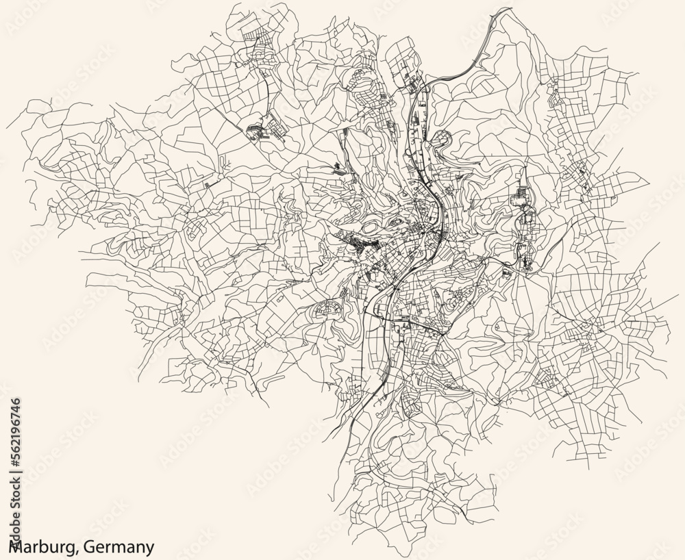 Detailed navigation black lines urban street roads map of the German town of MARBURG, GERMANY on vintage beige background