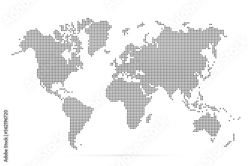 World map with square dot. Black dotted squares world map isolated on white background. Pixels silhouette worldmap. Simple flat wallpaper. Planet halftone pattern for design print. Vector illustration