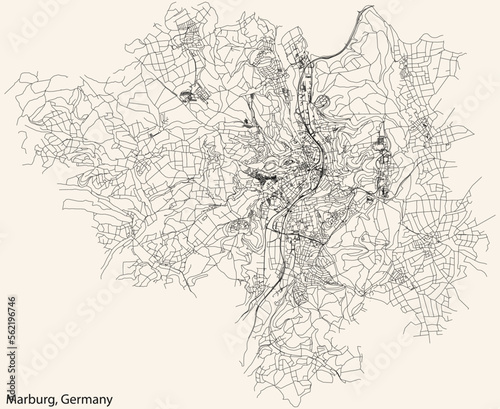 Detailed navigation black lines urban street roads map of the German town of MARBURG, GERMANY on vintage beige background