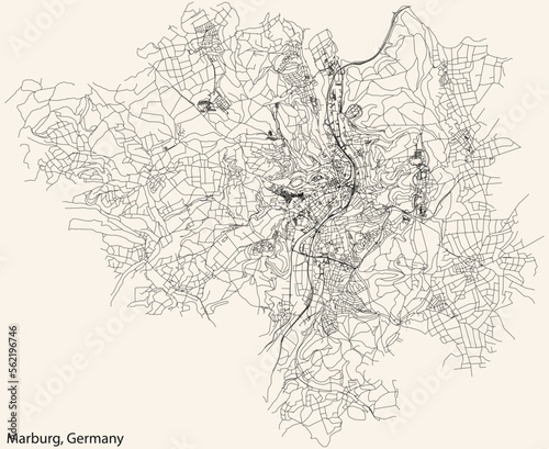Detailed navigation black lines urban street roads map of the German town of MARBURG, GERMANY on vintage beige background