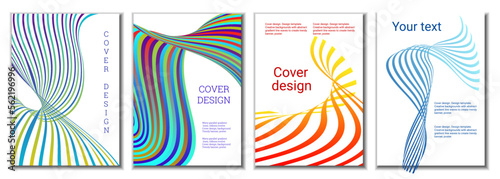 A set of 4 abstract covers. Wavy parallel gradient lines, ribbons evolve. Cover design, background. Trendy banner, poster.