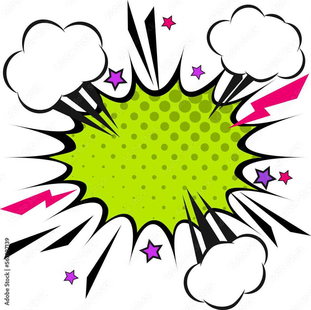 Fototapeta premium Retro comic design speech bubbles. Flash explosion with clouds, lightning, stars. Pop art vector elements.