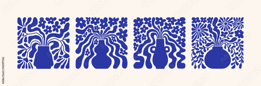 Matisse curves aestethic. Abstract flower art set. Organic doodle shapes in trendy naive retro style. Contemporary posters and backgrounds. Floral botanic vector illustrations in blue colors. Matisse curves aestethic. Abstract flower art set. Organic doodle shapes in trendy naive retro style. Contemporary posters and backgrounds. Floral botanic vector illustrations in blue colors.