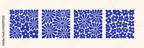 Matisse curves aestethic. Abstract flower art set. Organic doodle shapes in trendy naive retro style. Contemporary posters and backgrounds. Floral botanic vector illustrations in blue colors.