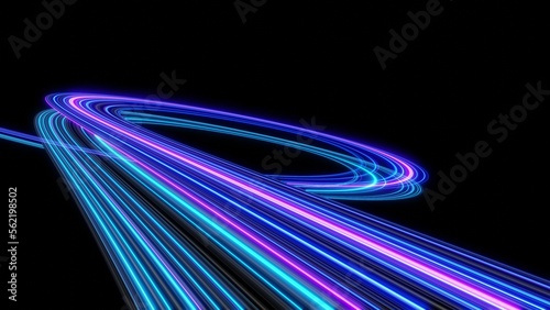 3d Neon light effect glowing trails. Colorful Light motion speed background. Motion blur long time effect. Technology 5g design concept. Laser beam sparkling on dark scene. Fast moving to futuristic. photo