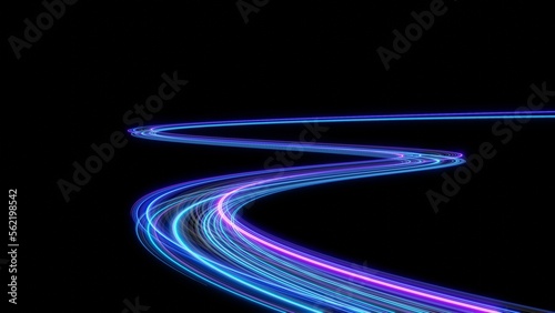 Fototapeta Naklejka Na Ścianę i Meble -  3d Neon light effect glowing trails. Colorful Light motion speed background. Motion blur long time effect. Technology 5g design concept. Laser beam sparkling on dark scene. Fast moving to futuristic.