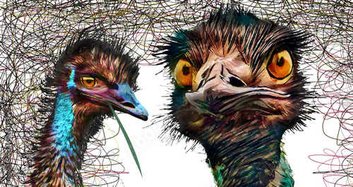 Crazy looking emus are seen in a wild tangle of lines that matches the bird’s personality and appearance. This is a 3-d illustration on a transparent background.