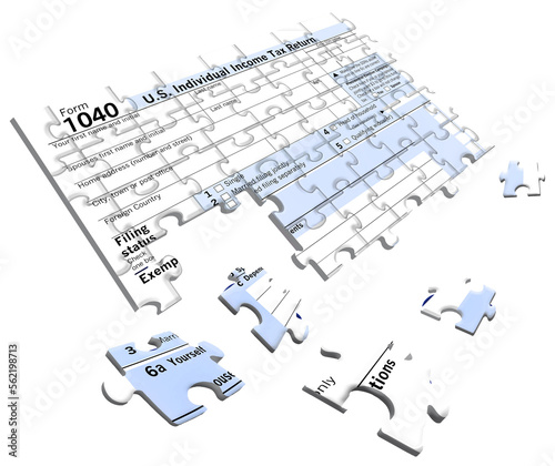 A U.S. Federal 1040 income tax form is seen as a jigsaw puzzle with pieces out of place in this image.