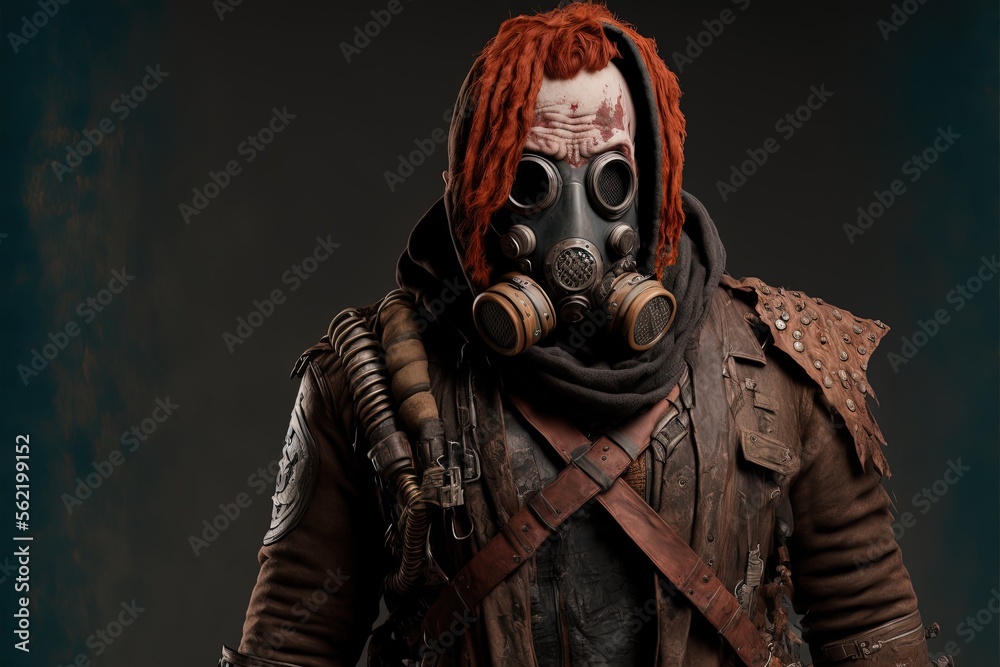 Man with  gas mask and red hair, post apocalypse survivor. AI digital illustration